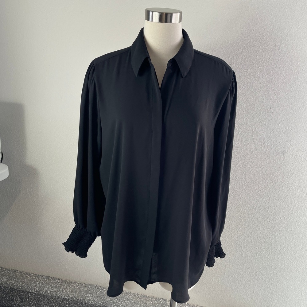 Express Womens XL Black Smocked Cuff Hidden Button Up Long Sleeve Blouse Top